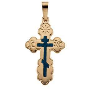   Yellow Gold Blue Inlayed Orthodox Cross Pendant DivaDiamonds Jewelry