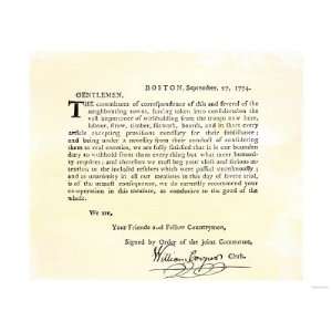 Letter from Bostons Committee of Correspondence Urging Supplies Be 