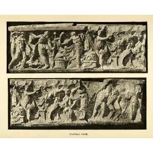 1890 Wood Engraving Dionysiac Scene Sarcophagus Satyrs Maenads Dancing 