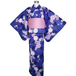  Kimono Yukata (y070b)Blue & Pink Flowers+ Obi Belt: Toys 