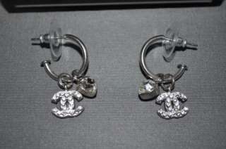 CHANEL 04A Silver Crystal Logo Heart Post Hoop Hanging Earrings  