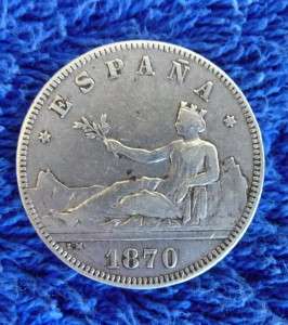 1870 SILVER 2 PESETAS COIN SPAIN HIGH GRADE VERY FINE COIN  