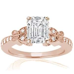  0.65 Ct Emerald Cut Diamond Fleur Engagement Ring VS1 E 