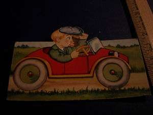 Antique Vintage Old Charming Fold Up Valentine Card Boy Girl Car 