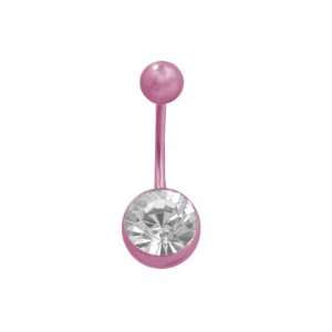  Pink Titanium Belly Button Ring with Clear Jewel: Jewelry