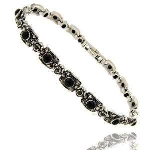    Sterling Silver Black Onyx Marcasite Square Bracelet Jewelry