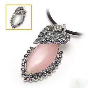 : Sterling Silver Marcasite and Opal White or Pink Jade Color Pendant 