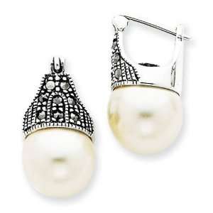   Sterling Silver Marcasite and Simulated Pearl Hoop Earrings: Jewelry
