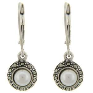    Sterling Silver Marcasite Simulated Pearl Drop Earrings: Jewelry