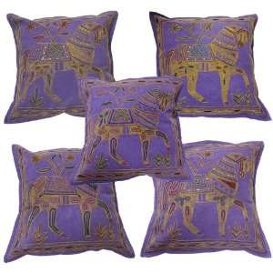   Sequins Work Cotton Indian Home Decor Cushion Cover with Horse Figure
