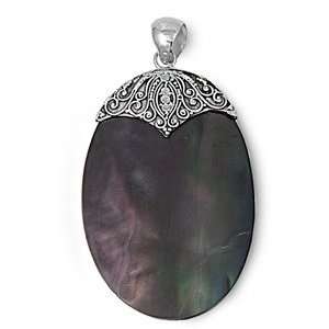   Sterling Silver Black Onyx & Abalone Shell Oval Shape Pendant: Jewelry