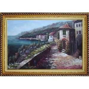 Mediterranean Coastal Garden Scenery Oil Painting, with Linen Liner 