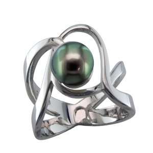 Sterling Silver Abstract Art Ring with 3/4 Cut Tahitian Black Pearl 