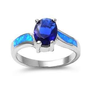  Sterling Silver Blue Opal & Blue Sapphire Ring (Size 5   9 