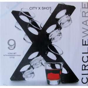  Circleware City X Voka Set of 8 Shot Glasses with Wooden 