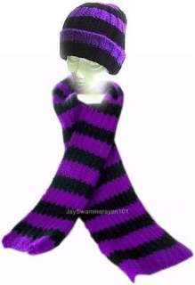 Womens Girls Winter Ski Knit Scarf Hat Set Purple Blk  