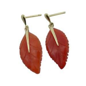  Red Jade Sole Leaf Earrings, 14k Gold Jewelry
