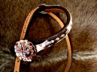 HORSE BRIDLE WESTERN LEATHER HEADSTALL TACK PINK BLING HAIRON CROSS 