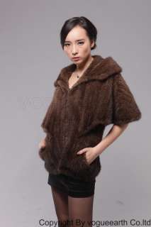 9135 new real knit mink fur black/brown hood jacket/coat/outwear one 