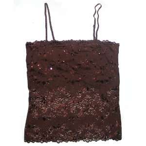  Fitted Stretch Lace Sequined Camisole Tank Top in BROWN 