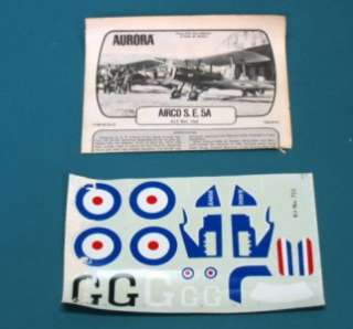 AURORA 1:48th Scale WW1 British Airco S.E. 5A Plastic Model Kit # 755 
