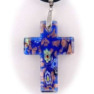 Murano Blue Glass Cross Pendant 18 Inch Rubber Cord Necklace Sterling 