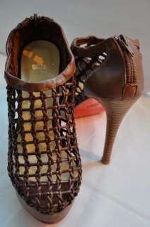 BROWN CAGE WOVEN BOOTIES BOOTS HIGH HEEL SHOES 37 AU 5  