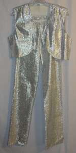 Vtg 70s Disco Womens Silver Lamay Vest Pants Set S 2/4  