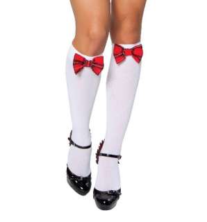 SS4U White Knee High Stockings Red Plaid Bow School Girl O/S  