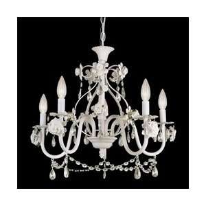  5 Light White Rose Chandelier with Crystal Droplets