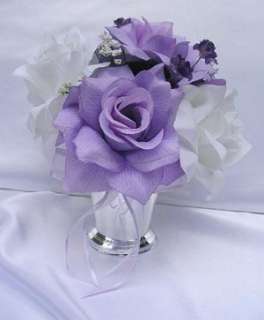 Wedding bouquet Bridal silk flowers PURPLE PLUM LAVENDER WHITE 21pcs 
