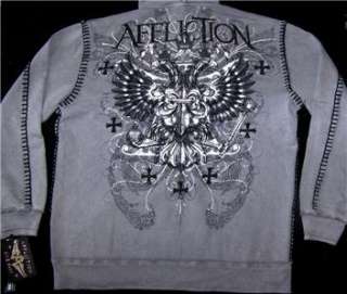 AFFLICTION TRIUMPH HEAVY WEIGHT ZIP UP HOODIE WITH WHIP STITCH SIZE 