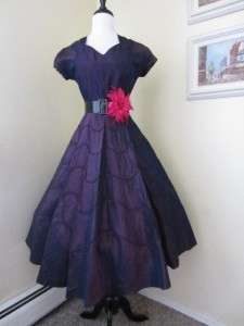 Vintage 40s 50s Purple Taffeta Party Dress Full Swing Skirt Prom 
