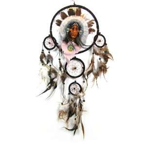  Triple Black Hoop Dreamcatcher with Indian Chief Head and 