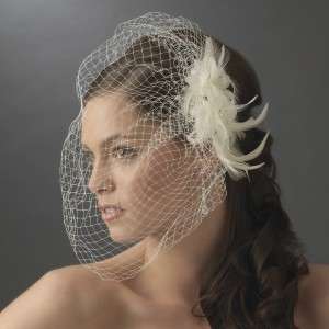 Bridal Feather Fascinator with Birdcage Veil Comb Pearls, Rhinestones 