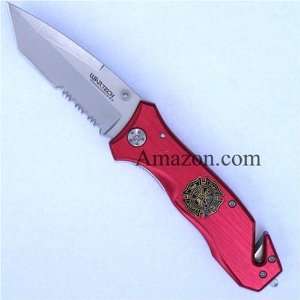  Firefighter Rescue Tool Red Pocket Knife   Tanto Blade 