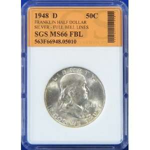  1948 D Silver Franklin Half Dollar   Graded MS66 FBL by 