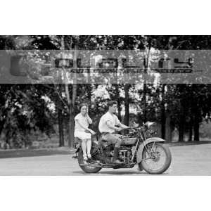  1928 Man with Woman on Back of Vintage Motorcycle [24 x 36 