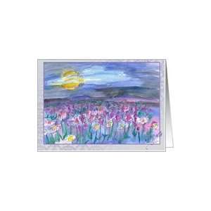 Full Moon Evening Meadow Mountains Watercolor Card