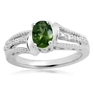   Sterling Silver and Oval Created Emerald Diamond Ring, Size 7 Jewelry