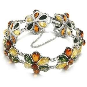 Certified Genuine Multicolor Amber and Sterling Silver Flower Bracelet