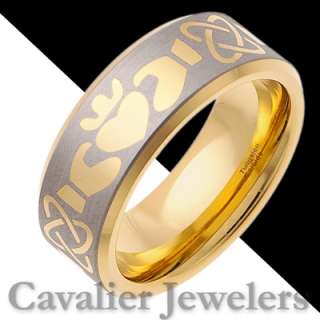   Tungsten Carbide Ring is 14K Gold plated with a Claddagh symbol and