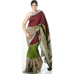  Tri Color Designer Sari from Banaras with Jute Weave and 
