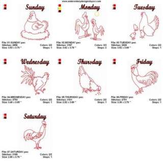 DAYS OF THE WEEK RW ROOSTERS EMBROIDERY MACHINE DESIGNS  