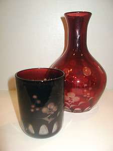   BOHEMIAN RUBY RED CUT TO CLEAR CRYSTAL CARAFE AND TUMBLER BEDSIDE SET