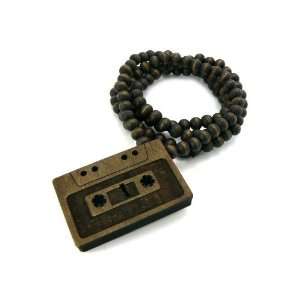   Wood Music Cassette Tape Pendant w/Wooden Ball Chain Brown Jewelry