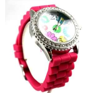 HOT Geneva Hot Pink Ceramic Look Silicone Fashion Watch Flower Face 