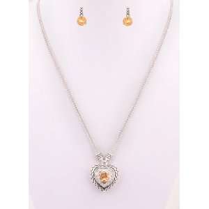   Tone with CZ Cubic Zirconia Champagne Stone Heart Shape Necklace with