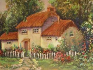 THOMPSON ART THATCHED ROOF COTTAGE WITH FLOWER GARDEN VINTAGE 