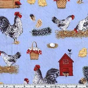  45 Wide Chicken Farm Blue Fabric By The Yard: Arts 